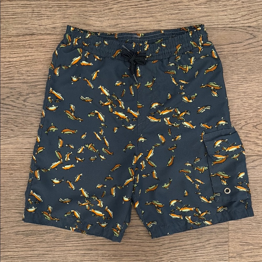 Fish Print Swim Suit Shorts Trunks - Navy with Orange & Green Fish Boys Size 6